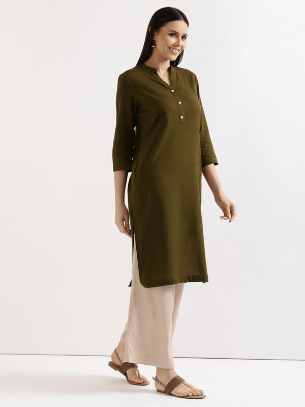 Image of SAADAA Women's Linen Straight Fit Straight Long Kurta Airy Plain Kurta, 3 /4 Sleeve, Knee Length Kurtis with Pockets, Casual and Office Wear