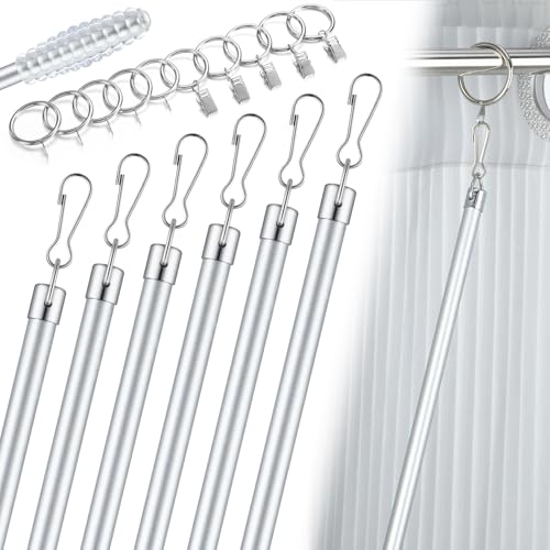 Shimeyao 6 Pack Curtain Pull Wand Stainless Steel Iron Drapery Pull Rod Versatile Metal Drapery Wand with 5 Rings and 5 Hooks for Opening Closing Curtains Homes Offices Window(Silver,36 Inch)