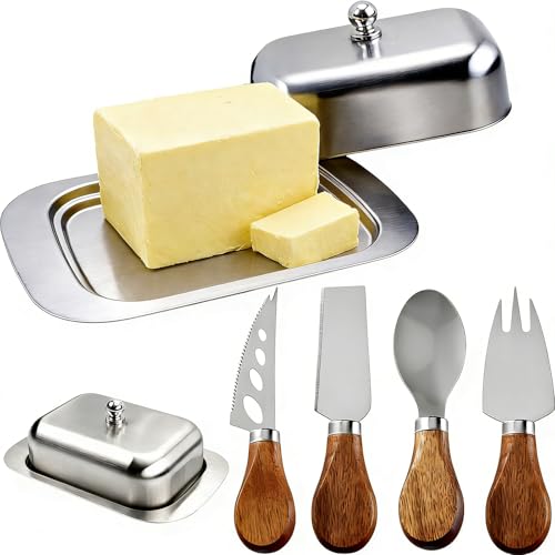 Butterdose Edelstahl Butterglocke, Aufbewahrung Für Kühlschrank Und Servieren Bei Veranstaltungen, 5-teiliges Set Mit Messer Und Gabel（17.9 X 12.2 X 6 cm）