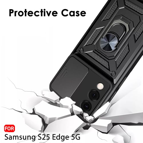 Image of TheGiftKart Tough Armor Bumper Back Cover Case for Samsung Galaxy S25 Edge 5G | Sliding Camera Cover, Kickstand & Ring Holder | 360 Protection Back Cover Case for Samsung S25 Edge (PC & TPU, Black)