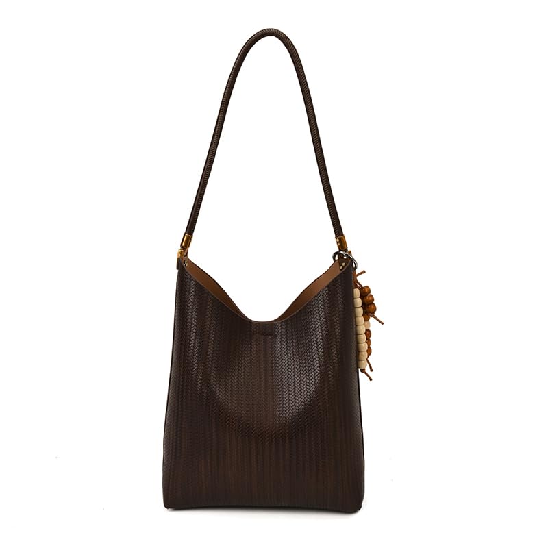 PU Leather Retro Tote Bag with Pendant Simple Shoulder Bag Large Capacity Casual Handbag Leisure Bag with Matching Wallet