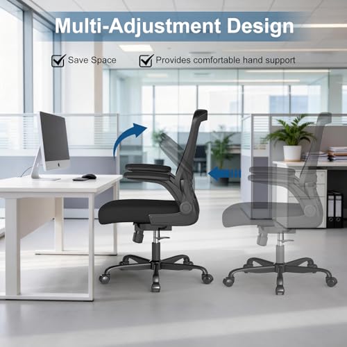 Image of Mesh Office Chair, Comfy Desk Chair with Flip-Up Armrests, 6PC | 300 LBS Capacity, Black Breathable Mesh, Adjustable Height, 360 Swivel Wheels, Computer Chair for Study, Home Space Saving