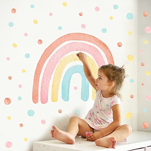 Whaline Watercolor Rainbow Wall Decals With Colorful Polka Dots Large Size Colorful Boho Rainbow Wall Stickers Self-Adhesive Wall Decoration For Girls Toddlers Bedroom Nursery Playroom Decor,2Sheets #TOP22