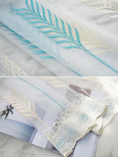 Voilage lot de 2 en gaze blanche brodée blé 200x210 cm avec oeillets pour chambre