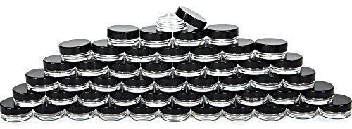 Vivaplex, 50, Clear, 3 Gram Plastic Pot Jars, Cosmetic Containers, With Black Lids.