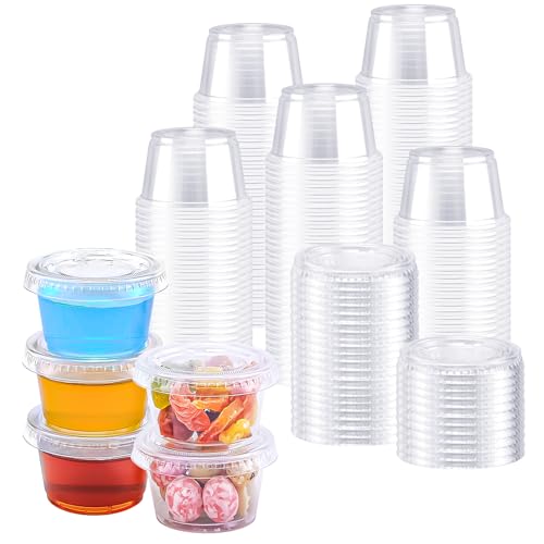 BYSNOW 500 Sets 1 oz Plastic Portion Cups with Lids Small Clear Jello Shot Cup Disposable Plastic Condiment Containers for Sauce Salad Dressing Snacks