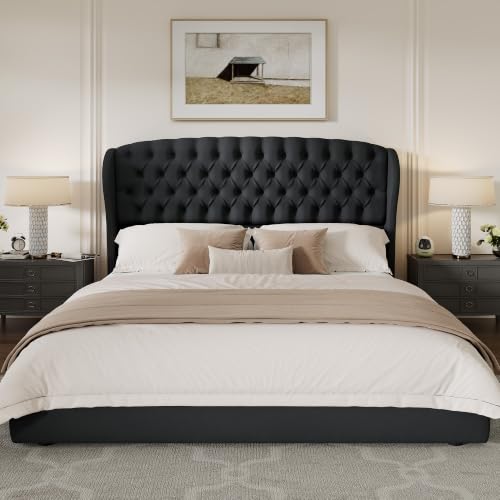 Image of AMERLIFE King /Cal King Headboard Only, Velvet Upholstered Wingback, Black