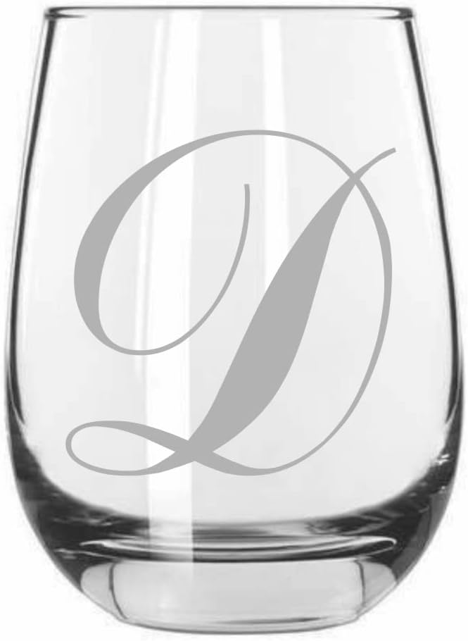 D Commercial Script Monogram Etched 15.25oz Stemless Wine Glass