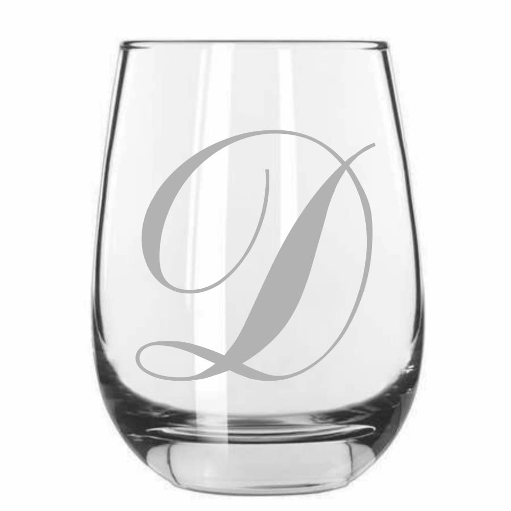 D Commercial Script Monogram Etched 15.25oz Stemless Wine Glass