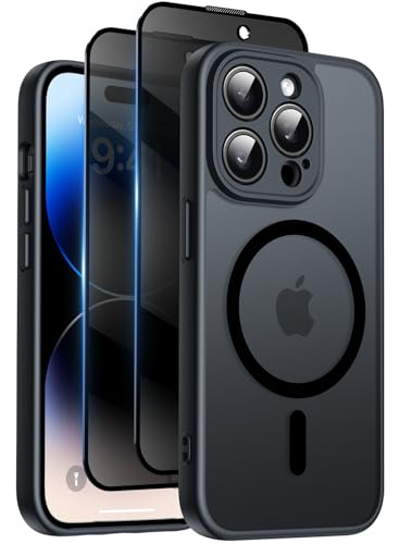 Qasyfanc Coque Magnétique pour iPhone 14 Pro 6,1 Pouces avec 2 Verre Trempé Anti-Espion, Compatible avec MagSafe, Étui Mat Translucide Arrière Housse Antichoc Anti-Rayures, Noir