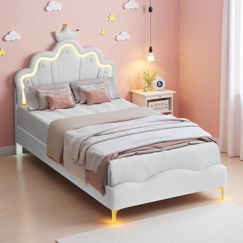 JYNVO Letto da principessa, 90 x 200 cm, con strisce luminose a LED, culla a forma di corona, letto imbottito in pelle...