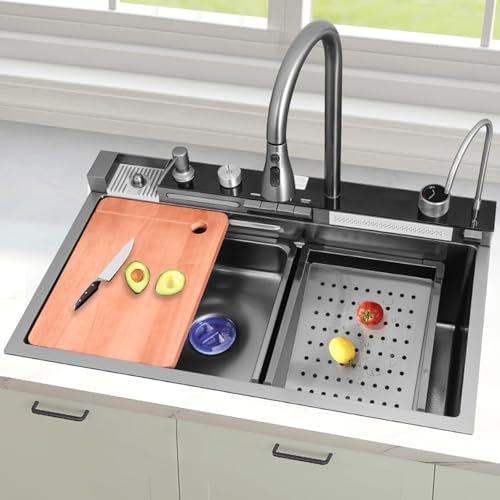 Évier de cuisine à commande piano et cascade intégrée en acier inoxydable