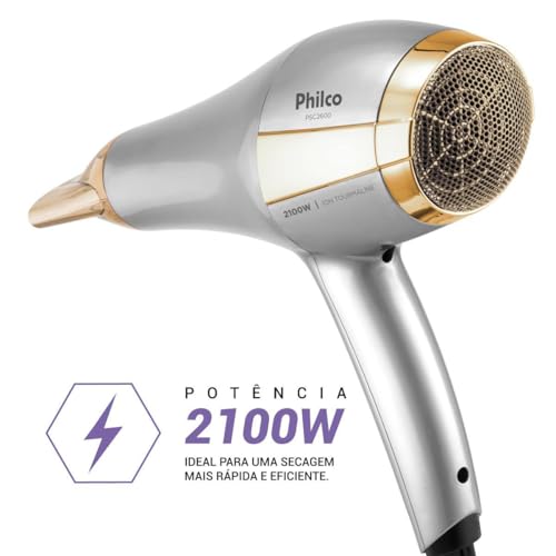 Secador de Cabelos Philco Íons Tourmaline PSC2600 2100W Prata com Dourado 220V