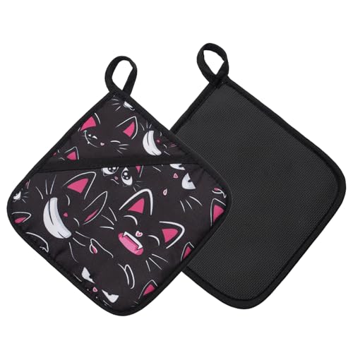 Pot Holders with Pocket, Kitchen Hot Pads Cooking Pot Holder with Cute Cat Cartoon Pattern Design Neoprene Potholder for Baking BBQ
