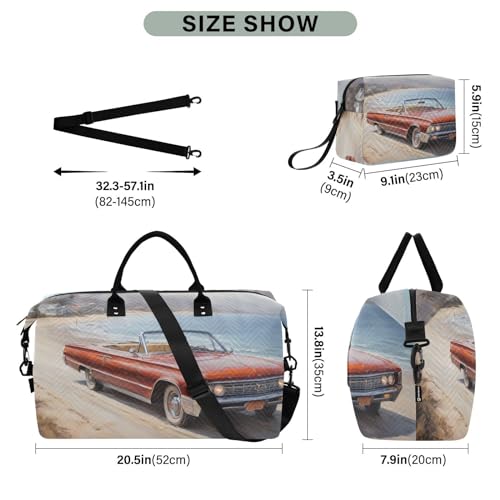 Large Travel Duffel Bag, Retro Car Sports Tote Gym Bag, Shoulder Weekender Overnight Bag for Women Men, Carry On Luggage with Toiletry Bags3