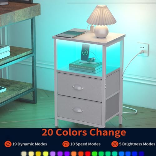 Image of sthmec Nightstand with Charging Station, LED Night Stand with 2 Fabric Drawers PU Finish, Bedside Table End Table with LED Light, 3-Tier Storage Side Table Nightstand with Drawers for Bedroom,White