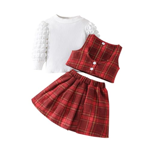 Image of Toddler Girls Christmas Outfits Girls Puff Sleeve Knit Ribbed Tops Button Down Vest Plaid Skirt Set Winter Clothes