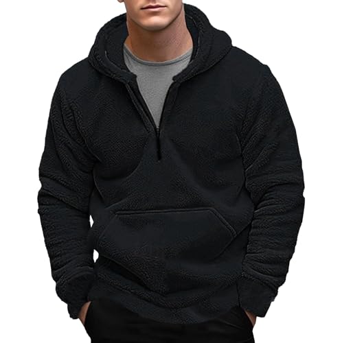 Men’s Fuzzy Sherpa Outerwear Quarter Zip Hoodie Pullover Sweatshirt Warm Vintage Winter Jacket Casual Fashion Coat
