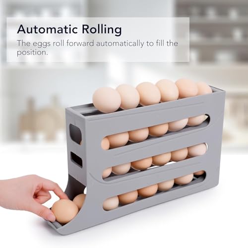 Image of Plastic Automatic Rolldown Refrigerator Egg Dispenser, 4 Tier Rectangular Holder, Holds Up to 30 Eggs, Grey