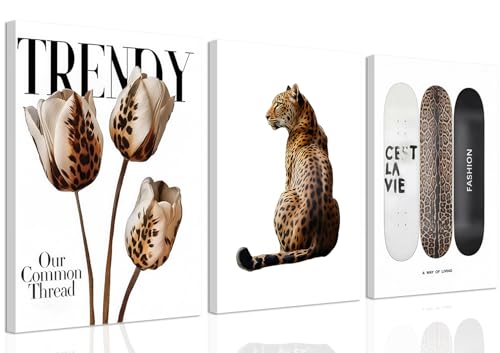 Trendy Leopard Canvas Wall Art Set of 3 Cheetah Printed Preppy Fashion Skateboard Wall Decor Preppy Room Aesthetic posters Prints for Girls Bedroom Apartment Dorm 12x16in Framed Decoration
