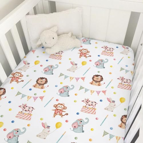 Image of Watercolor Circus Animals Baby Crib Sheet 52''x28'' Cute Monkey Elephant Rabbit Pig Fitted Mattress Sheet for Boy Girl Nursery Bed Sheets for Standard Crib and Toddler Mattress