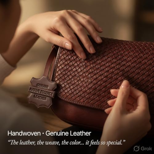 Image of NATIVE ESSENCE Hand Woven Leather Crossbody Bag for Women, Cognac Brown | Square Weave, Adjustable Strap, Sling Purse