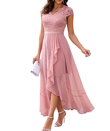 Robe col en V pour femme en dentelle chic et manches courtes rose