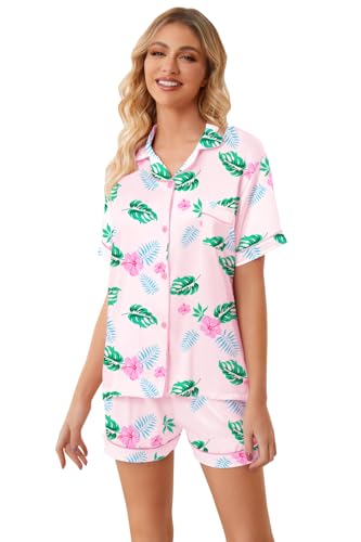 Image of Umeyda Women & Girls Pajamas Set, Soft Satin Lightweight Silk Button-Down Top with Shorts 2 Piece PJS for Mom Boys Kids Gifts
