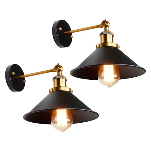 ASCELINA Industrial Wall Light, Vintage Black Wall Sconce Adjustable Antique Wall Lighting E27 for Restaurants Galleries Aisle Kitchen Bedroom (Black,2 Pack)
