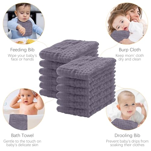 12 Pack Muslin Burp Cloths 100% Cotton Large 20" x 10" Extra Soft and Absorbent Grey