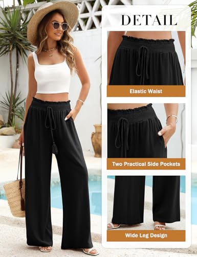 PASUDA Damen Leinenhose Sommer Hohe Taille Weite Bein Freizeithose Leicht Bequeme Casual Sommerhose Elastischem Bund Locker Stoffhose Hose (Schwarz, XL)