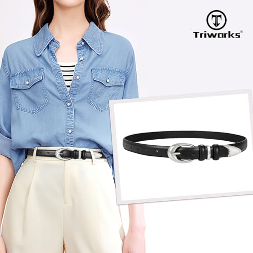 Image of TRIWORKS Women Leather Belt for Jeans Pants Fashion Ladies Skinny Faux Leather Dress belt with Gold Buckle