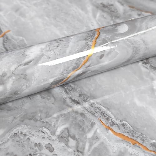 Gray Marble Contact Paper Glossy Peel and Stick Wallpaper for Countertop Granite Vinyl Wrap Waterproof Removable Wall Paper for Bathroom Kitchen Table 16" x 79"
