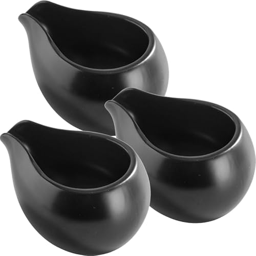 Cabilock 3pcs Round Mouth Milk Spoon Gravy Cup, Gravy Boats Cream Storage Container, Ceramic Mini Milk Jug Liquid Dispenser for Sauce Honey Espresso, Black