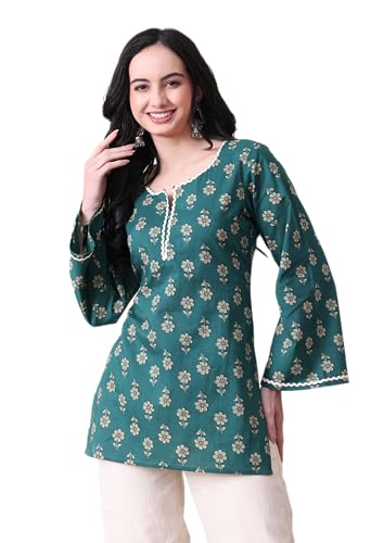 Image of MEERA FAB Women's Floral Printed Cotton Short Kurta | Floral Printed Kurta with Bell Sleeves | Short Kurti for Women