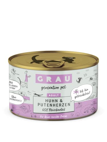 GRAU – das Original – Nassfutter für Katzen - Huhn & Putenherzen, 6er Pack (6X 200 g), getreidefrei, für Erwachsene Katzen