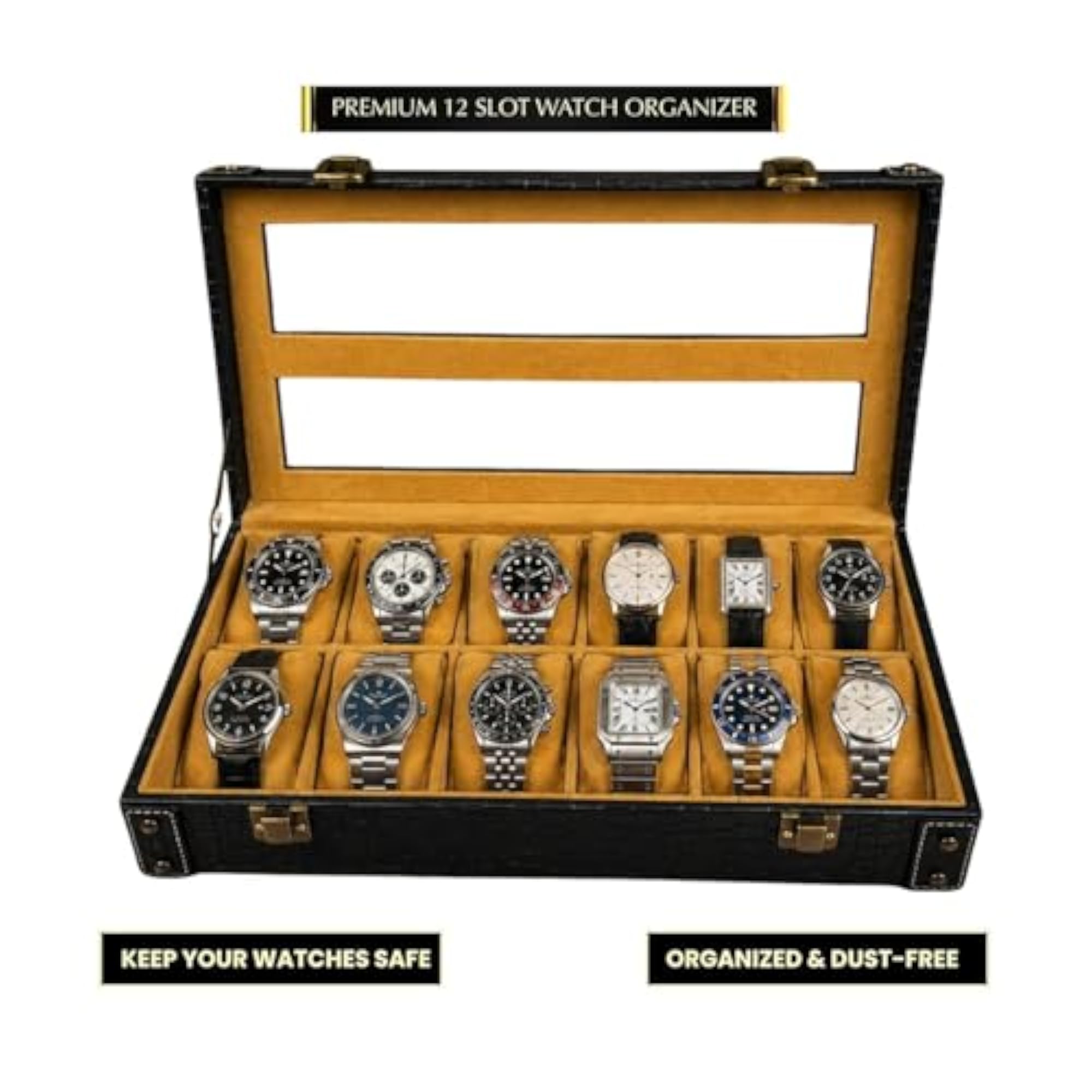 12-Slot Watch Box Organiser, Black Crocodile Pattern