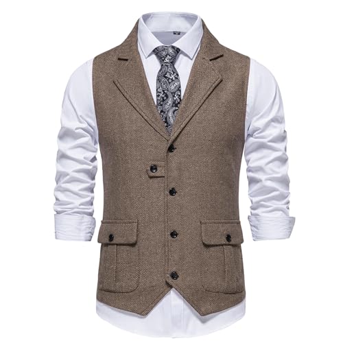 MakingDa Herren-Weste Formell Casual V-Ausschnitt Tweed Anzug Westen Business Freizeit Fischgrätmuster ärmellos Einfarbig Slim Fit Hochzeit Party Anzugweste mit Tasche-Braun-2XL