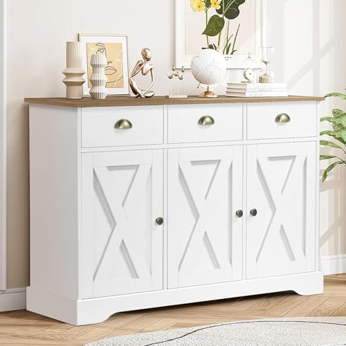 4 EVER WINNER Buffet Cabinet with Storage, Farmhouse Coffee Bar Cabinet with 3 Drawers and 3 Barn Doors, Sideboard Buffet Cabinet, White