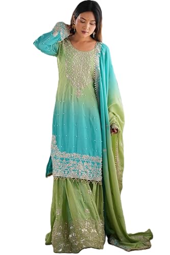 Image of Pandadi Saree Women's Chinon Silk Embroidery Kurta Sharara Set With Dupatta.