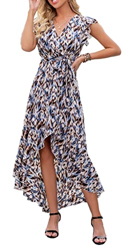 GRECERELLE Womens Summer Maxi Dress Boho Floral Cocktail Polka Dot Wrap Dresses V Neck Casual Party Bohemian Flowy Long Dress for Ladies (Fp Brindle Blue Gray, L)