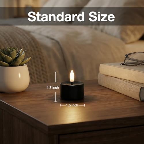 Image of 50 Pack Black Battery Operated Tea Lights, Realistic Flickering Flameless LED Tea Lights, 3D Wick Fake Flameless Tealight Candles for Wedding, Festival, Party, Home Decor