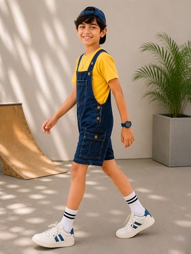 Image of KiddoPanti Unisex Denim Cargo Dungaree Shorts | 69.1% Cotton 29% Spun Poly 1.9% Spandex | Above Knee Length | Soft Breathable Summer Dungaree