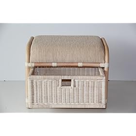 Krit Handmade Rattan Wicker Ottoman Footstool Pouf Stool w/Basket w/Cushion Color White Wash