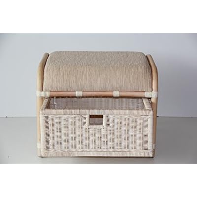Krit Handmade Rattan Wicker Ottoman Footstool Pouf Stool w/Basket w/Cushion Color White Wash