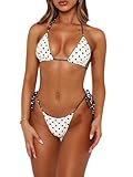 VnimVinter Women Sexy Brazilian Bikini Set Halter String Triangle Tie Side Cheeky Thong 2 Piece Bathing Suit Swimwear (White Polka Dot, S)
