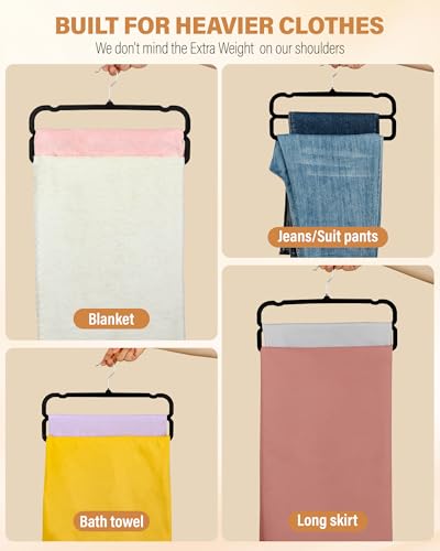 Image of 10 Pack Velvet Pants Hangers Space Saving, Non Slip 2-Layer Hanger (Black) | Heavy Duty Flocked Trouser Hangers,pants organizer for closet with Swivel Hook, Felt Jean Hangers for Women and Men