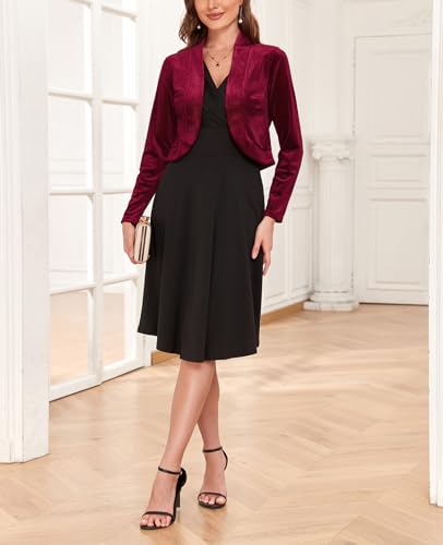 Image of Women's Long Sleeve Velvet Shrug for Dresses Cocktail Party Open Front Cropped Bolero Cardigan Top