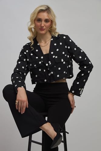 Image of VIRGIO Women's Polka Dot Crop Blazer - 100% Cotton Tailored Fit Cropped Jacket, Lightweight Breathable Cotton Blazer for Women, Casual Wear, Office Wear, Stylish Layering Piece