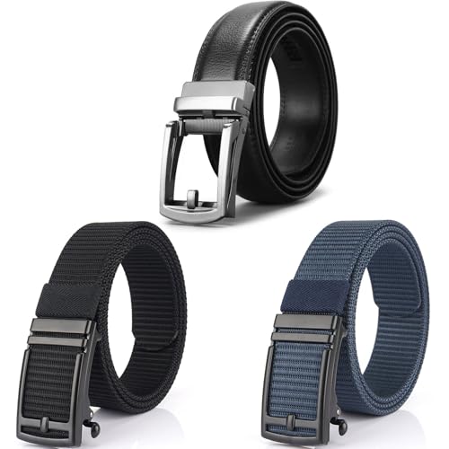 Listado de Cinturones Caballero al mejor precio. 44 3 Cinturones para Hombre, 1 Cinturón de Cuero Negro + 2 Cinturones de Trinquete de Nailon (Negro y Azul), Hebilla Automática Sin Agujeros, Ajuste Personalizado, para Hombre,...